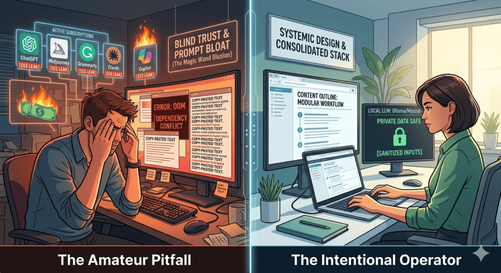 Two individuals working on computers with AI and cybersecurity themes.