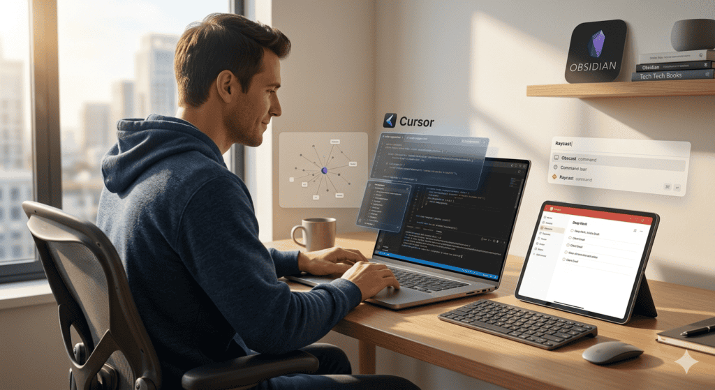 Young man working on multiple digital devices in a modern office.