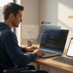 Young man working on multiple digital devices in a modern office.