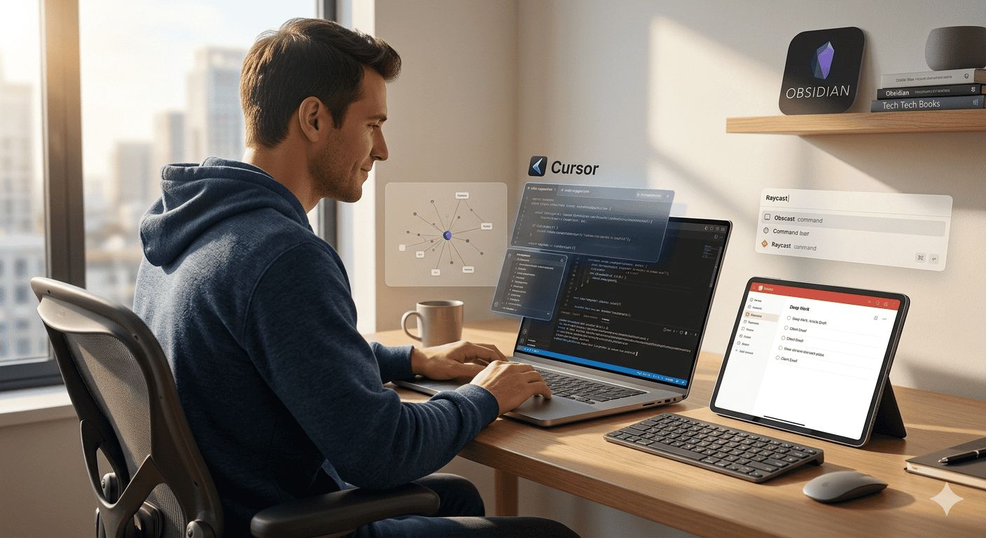 Young man working on multiple digital devices in a modern office.