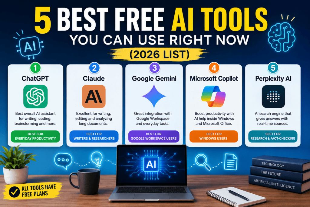 Top 5 free AI tools for productivity, writing, and research in 2026.