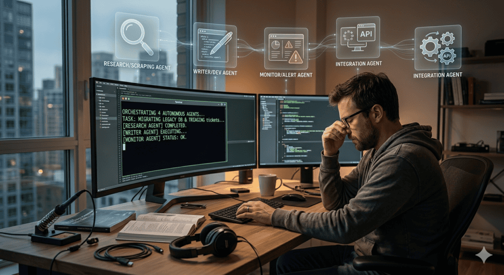 Software developer working with AI agent interfaces on multiple monitors.