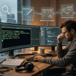 Software developer working with AI agent interfaces on multiple monitors.