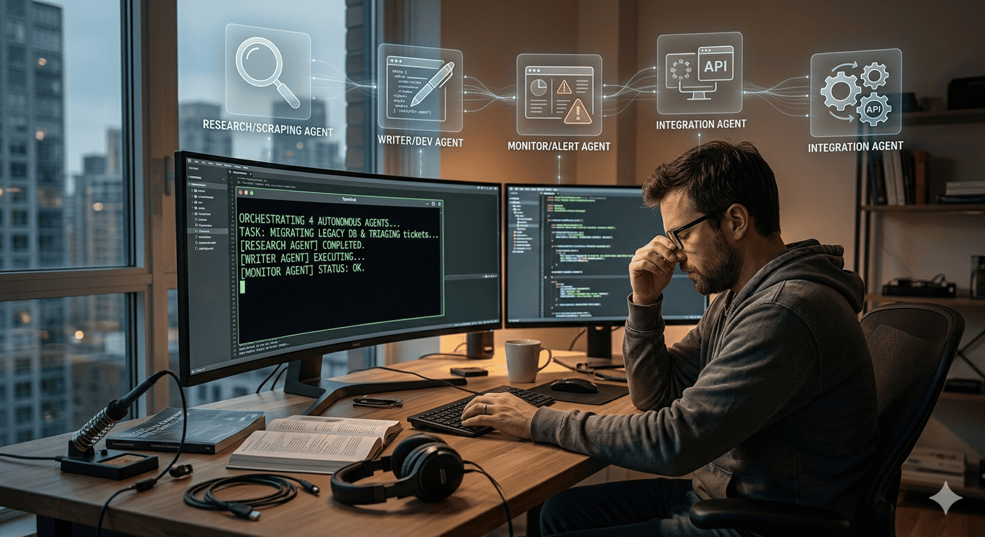 Software developer working with AI agent interfaces on multiple monitors.