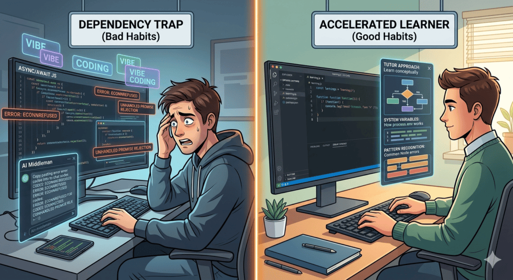 Comparison of bad and good coding habits with AI assistants in 2026.