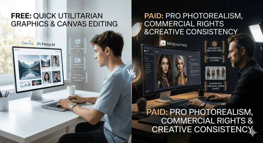 Comparison of free and paid AI image generators with different features.