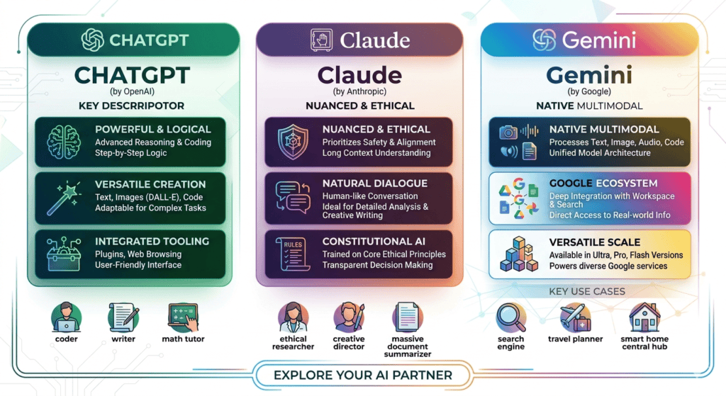 Comparison of ChatGPT, Claude, and Gemini AI assistants with features and use cases.