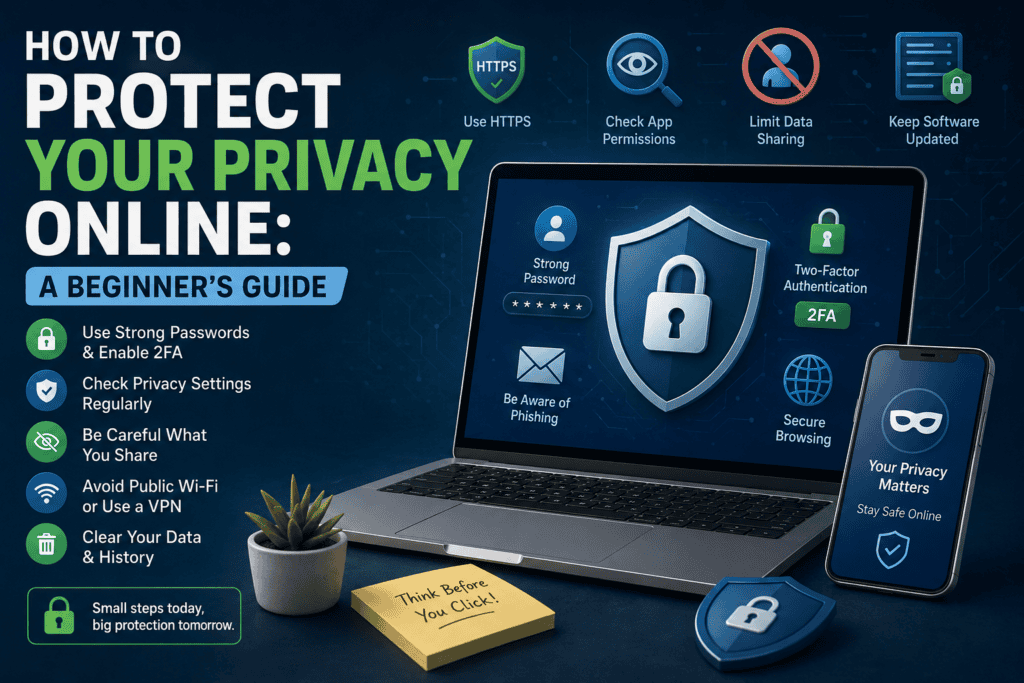 Online privacy protection tips with a laptop and security icons for beginners.