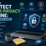 Online privacy protection tips with a laptop and security icons for beginners.