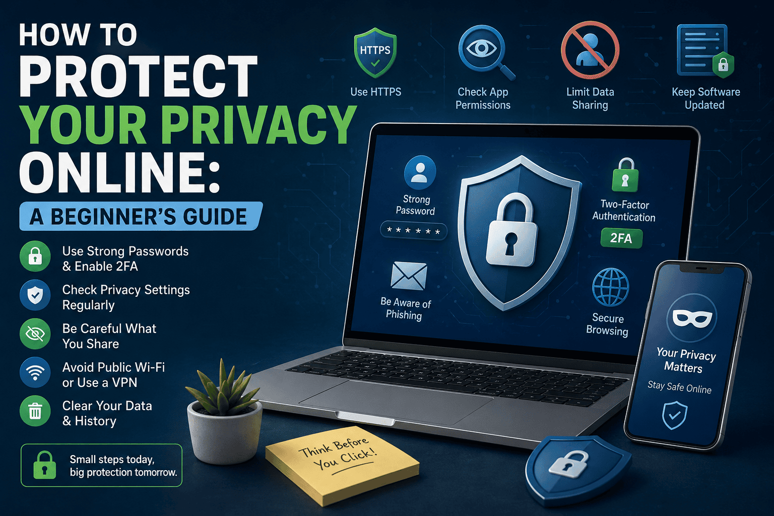 Online privacy protection tips with a laptop and security icons for beginners.