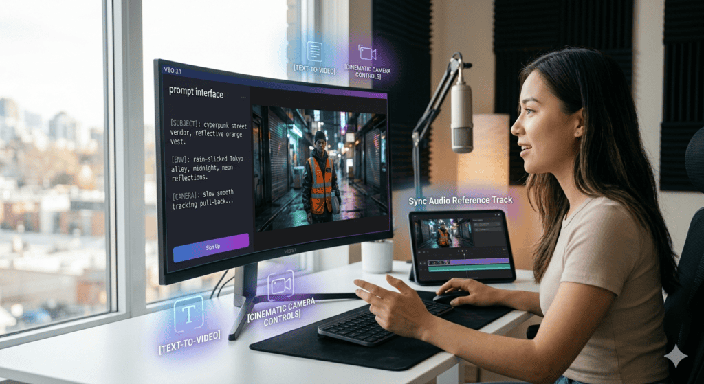 Woman using AI video editing software with multiple screens and holographic interface.