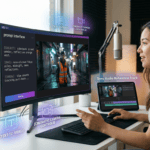 Woman using AI video editing software with multiple screens and holographic interface.