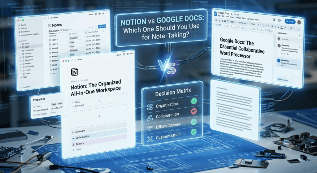Comparison of Notion and Google Docs for note-taking and collaboration.